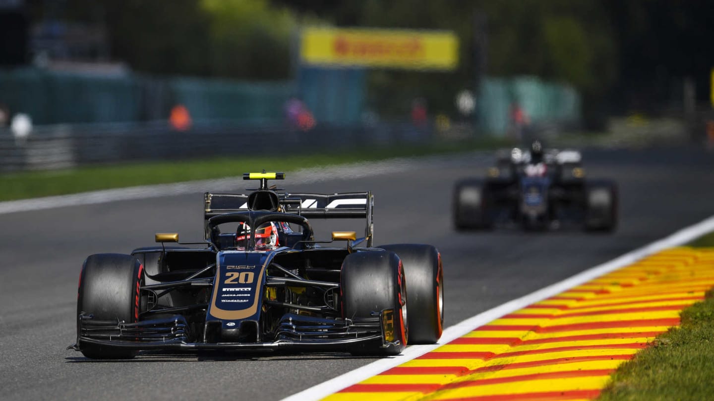 SPA-FRANCORCHAMPS, BELGIUM - AUGUST 31: Kevin Magnussen, Haas VF-19, leads Romain Grosjean, Haas