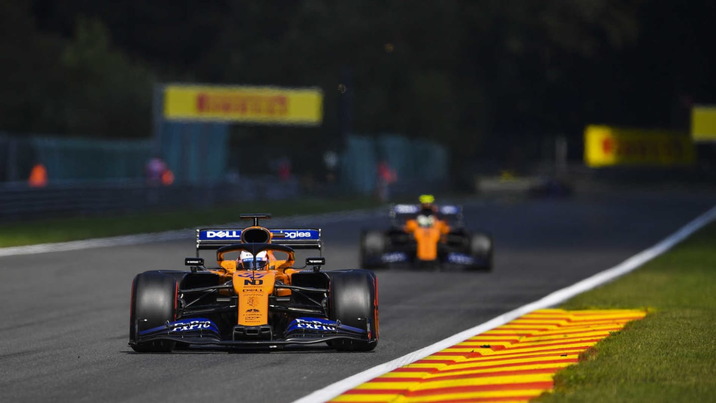 SPA-FRANCORCHAMPS, BELGIUM - AUGUST 31: Carlos Sainz Jr., McLaren MCL34, leads Lando Norris,