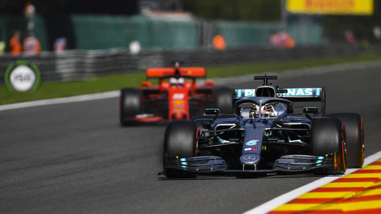 SPA-FRANCORCHAMPS, BELGIUM - AUGUST 31: Lewis Hamilton, Mercedes AMG F1 W10, leads Sebastian