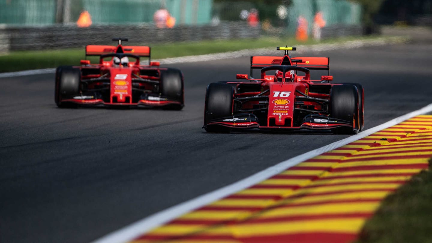 SPA-FRANCORCHAMPS, BELGIUM - AUGUST 31: Charles Leclerc, Ferrari SF90, leads Sebastian Vettel,