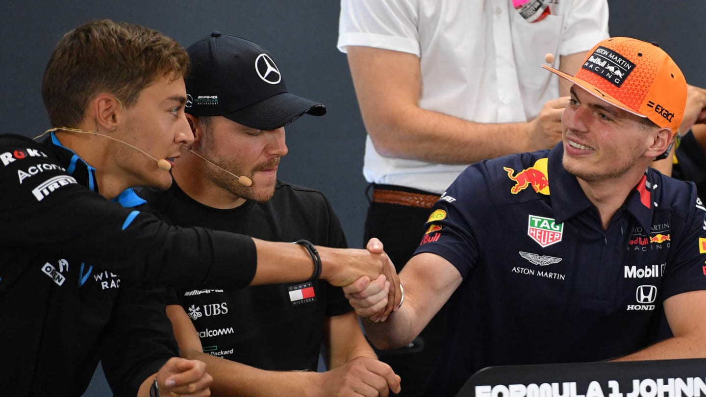 SPA-FRANCORCHAMPS, BELGIUM - AUGUST 29: George Russell, Williams Racing, Valtteri Bottas, Mercedes AMG F1 and Max Verstappen, Red Bull Racing during the Belgian GP at Spa-Francorchamps on August 29, 2019 in Spa-Francorchamps, Belgium. (Photo by Simon Galloway / Sutton Images)