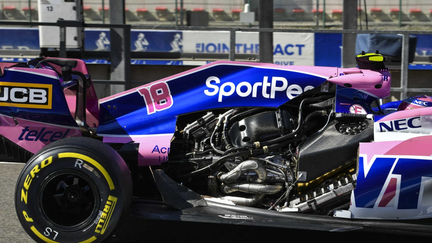 SPA-FRANCORCHAMPS, BELGIUM - AUGUST 30: Lance Stroll, Racing Point RP19, returns to the pits without an engine cover in FP1 during the Belgian GP at Spa-Francorchamps on August 30, 2019 in Spa-Francorchamps, Belgium. (Photo by Mark Sutton / Sutton Images)