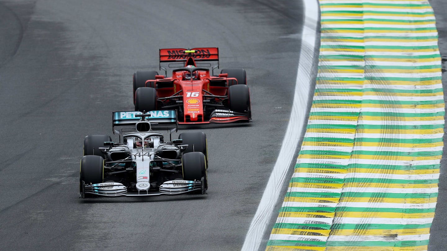 SAO PAULO, BRAZIL - NOVEMBER 15: Lewis Hamilton of Great Britain driving the (44) Mercedes AMG