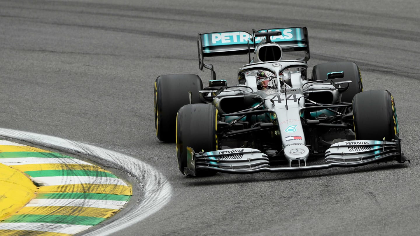 SAO PAULO, BRAZIL - NOVEMBER 15: Lewis Hamilton of Great Britain driving the (44) Mercedes AMG