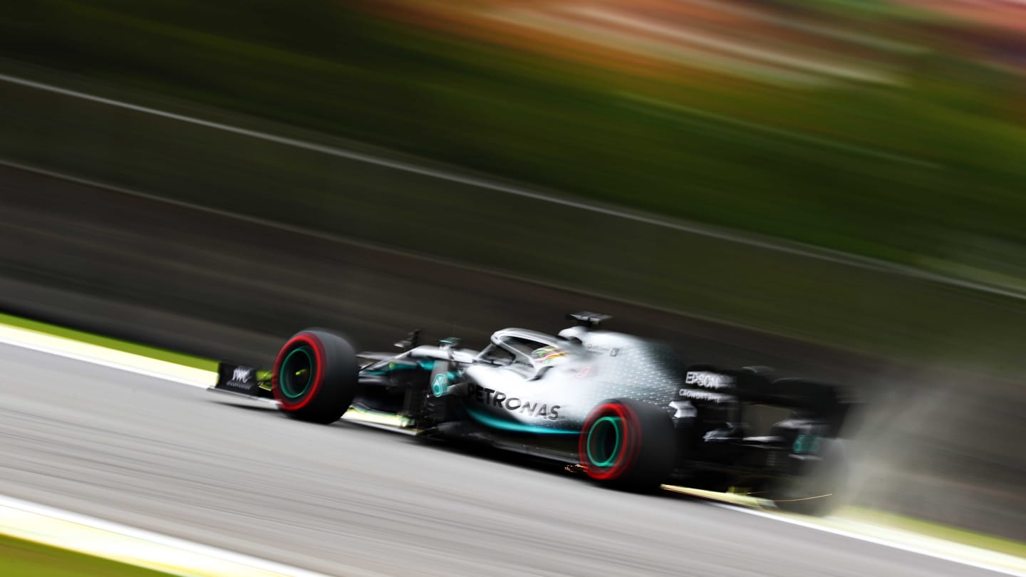 SAO PAULO, BRAZIL - NOVEMBER 15: Lewis Hamilton of Great Britain driving the (44) Mercedes AMG Petronas F1 Team Mercedes W10 kicks up dust as he runs wide during practice for the F1 Grand Prix of Brazil at Autodromo Jose Carlos Pace on November 15, 2019 in Sao Paulo, Brazil. (Photo by Dan Istitene/Getty Images)
