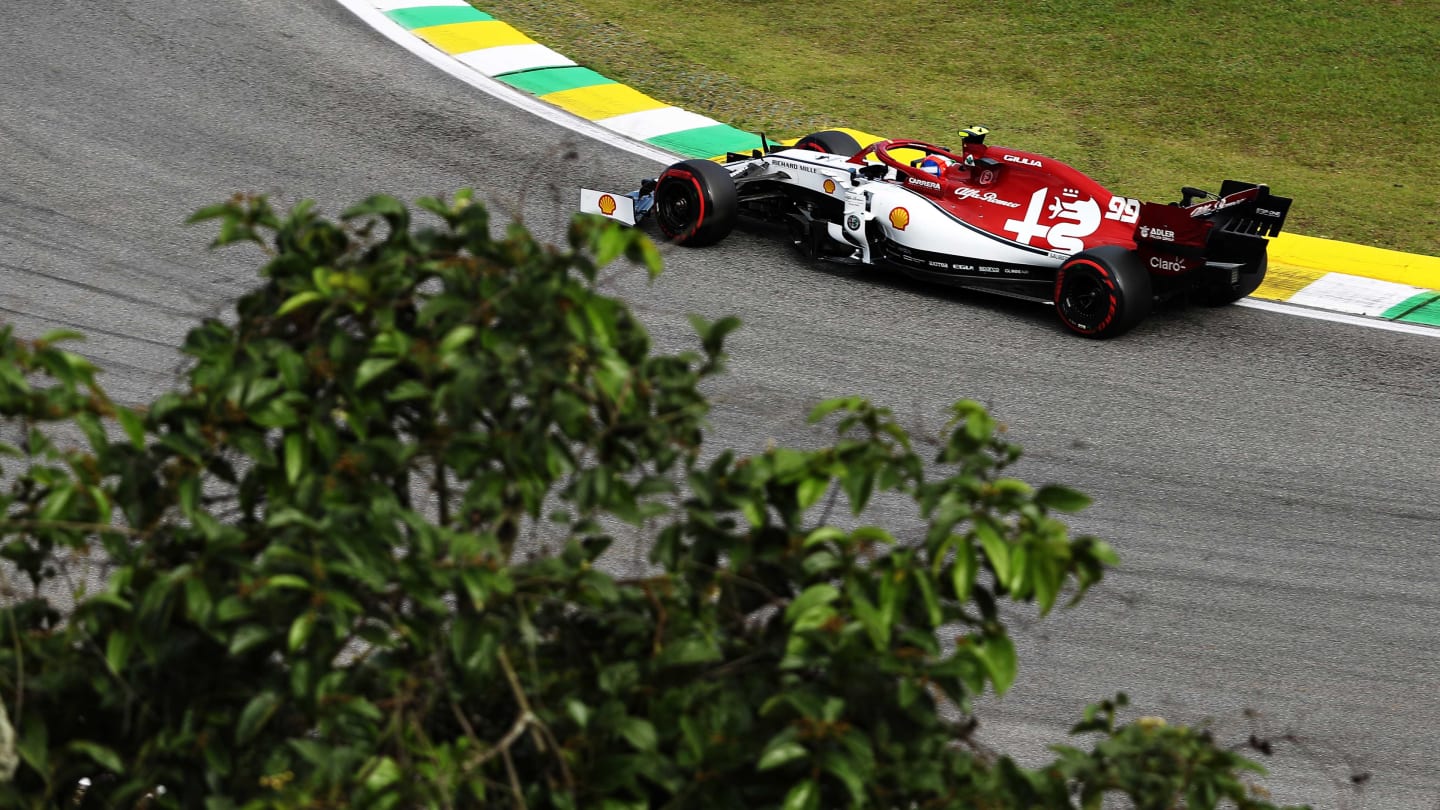SAO PAULO, BRAZIL - NOVEMBER 16: Antonio Giovinazzi of Italy driving the (99) Alfa Romeo Racing C38 Ferrari on track during qualifying for the F1 Grand Prix of Brazil at Autodromo Jose Carlos Pace on November 16, 2019 in Sao Paulo, Brazil. (Photo by Robert Cianflone/Getty Images)