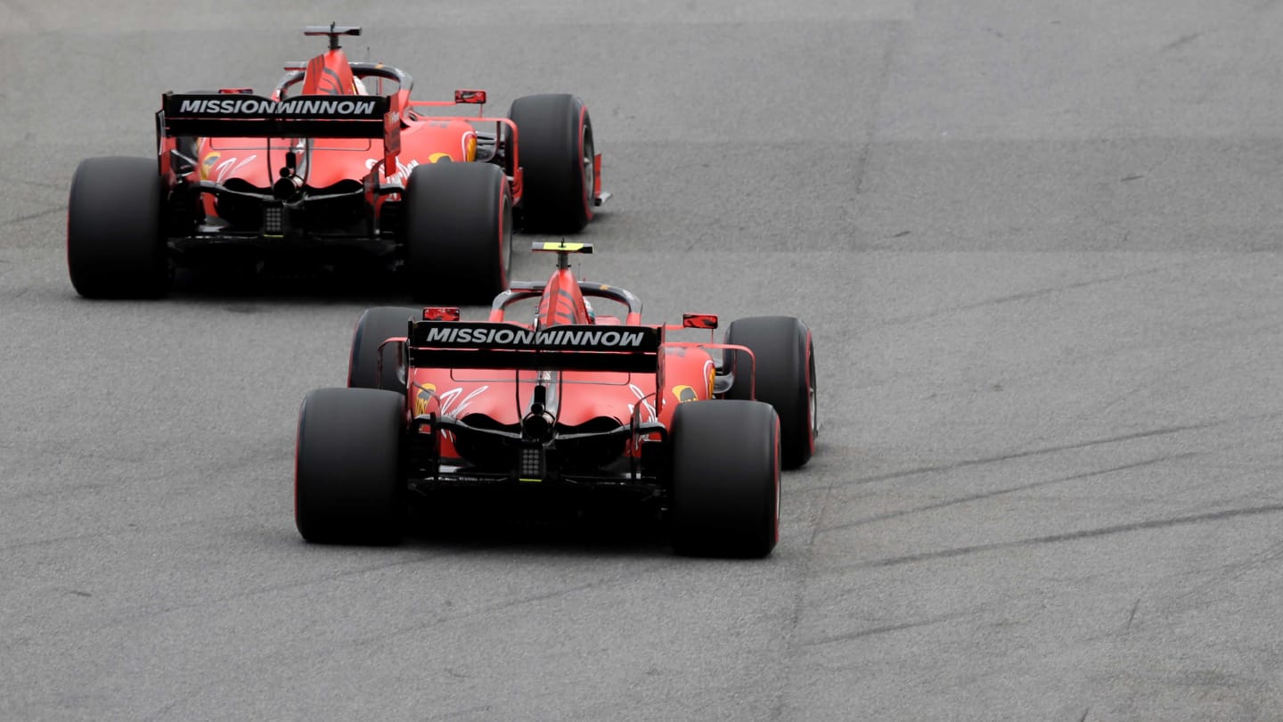 SAO PAULO, BRAZIL - NOVEMBER 16: Sebastian Vettel of Germany driving the (5) Scuderia Ferrari SF90 and Charles Leclerc of Monaco driving the (16) Scuderia Ferrari SF90 on track during final practice for the F1 Grand Prix of Brazil at Autodromo Jose Carlos Pace on November 16, 2019 in Sao Paulo, Brazil. (Photo by Charles Coates/Getty Images)