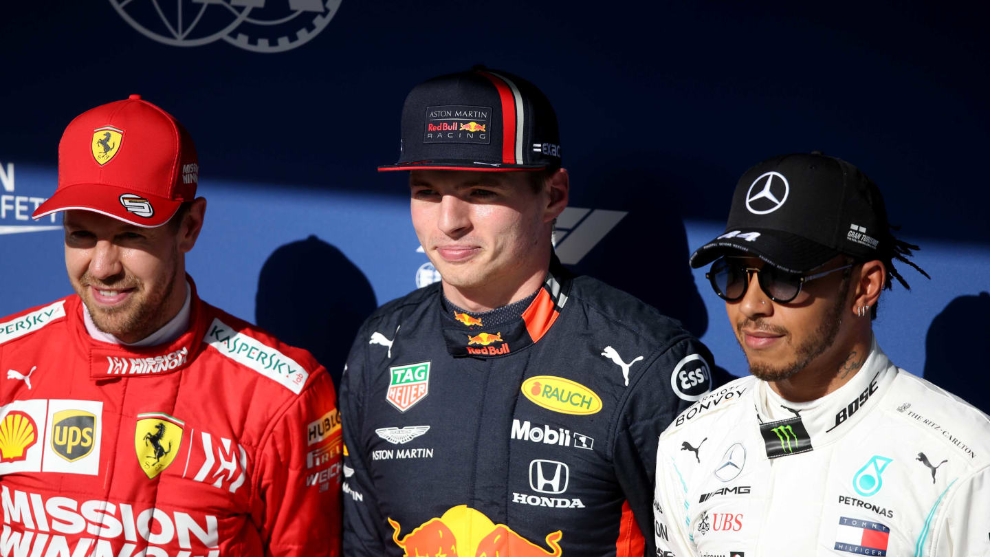 SAO PAULO, BRAZIL - NOVEMBER 16: Top three qualifiers Max Verstappen of Netherlands and Red Bull