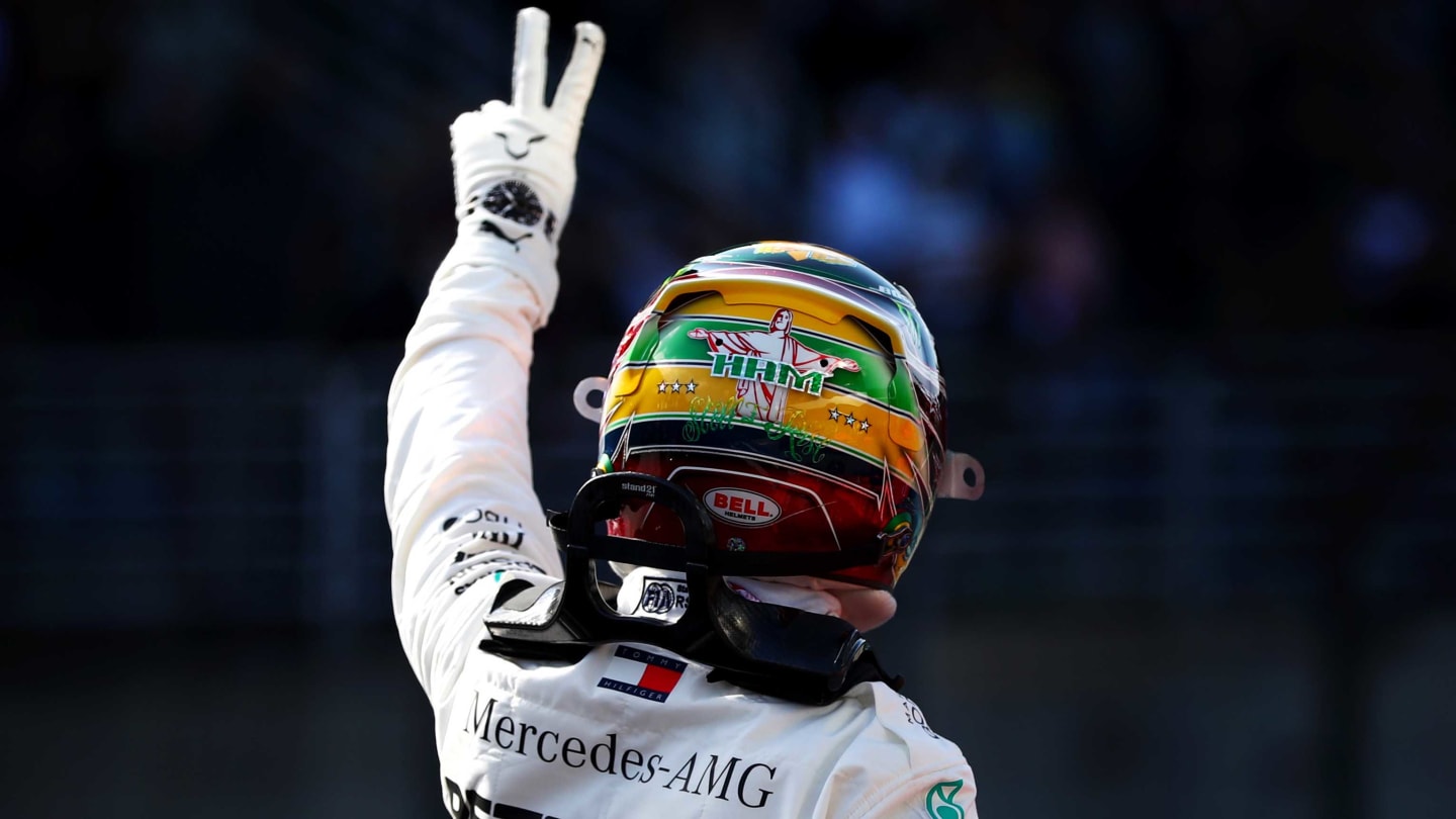 SAO PAULO, BRAZIL - NOVEMBER 16: Third place qualifier Lewis Hamilton of Great Britain and Mercedes