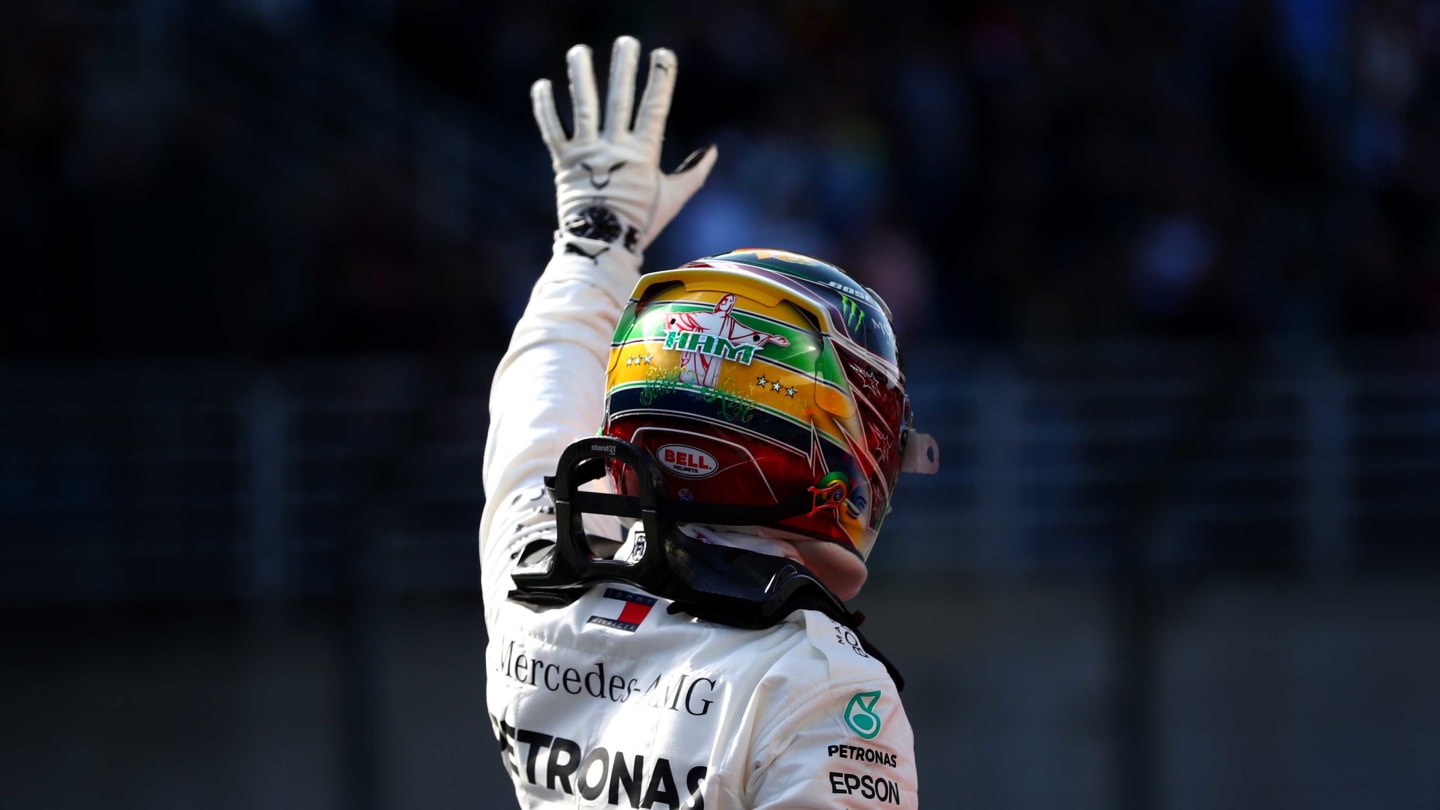 SAO PAULO, BRAZIL - NOVEMBER 16: Third place qualifier Lewis Hamilton of Great Britain and Mercedes GP celebrates in parc ferme during qualifying for the F1 Grand Prix of Brazil at Autodromo Jose Carlos Pace on November 16, 2019 in Sao Paulo, Brazil. (Photo by Dan Istitene/Getty Images)