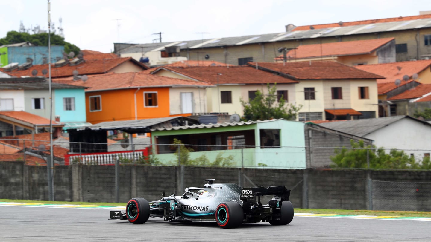 SAO PAULO, BRAZIL - NOVEMBER 16: Lewis Hamilton of Great Britain driving the (44) Mercedes AMG