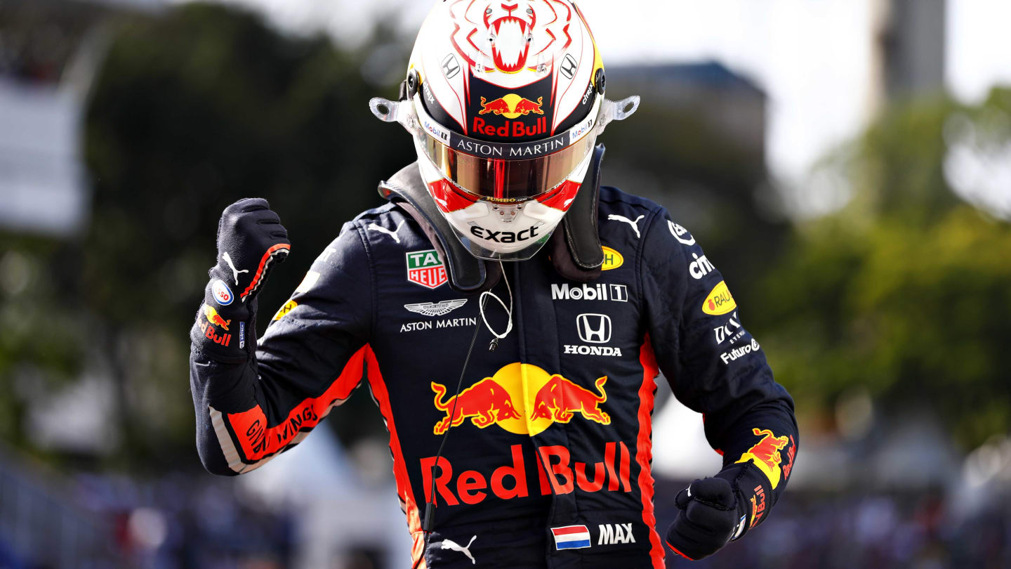 SAO PAULO, BRAZIL - NOVEMBER 16: Pole position qualifier Max Verstappen of Netherlands and Red Bull Racing celebrates in parc ferme during qualifying for the F1 Grand Prix of Brazil at Autodromo Jose Carlos Pace on November 16, 2019 in Sao Paulo, Brazil. (Photo by Will Taylor-Medhurst/Getty Images)