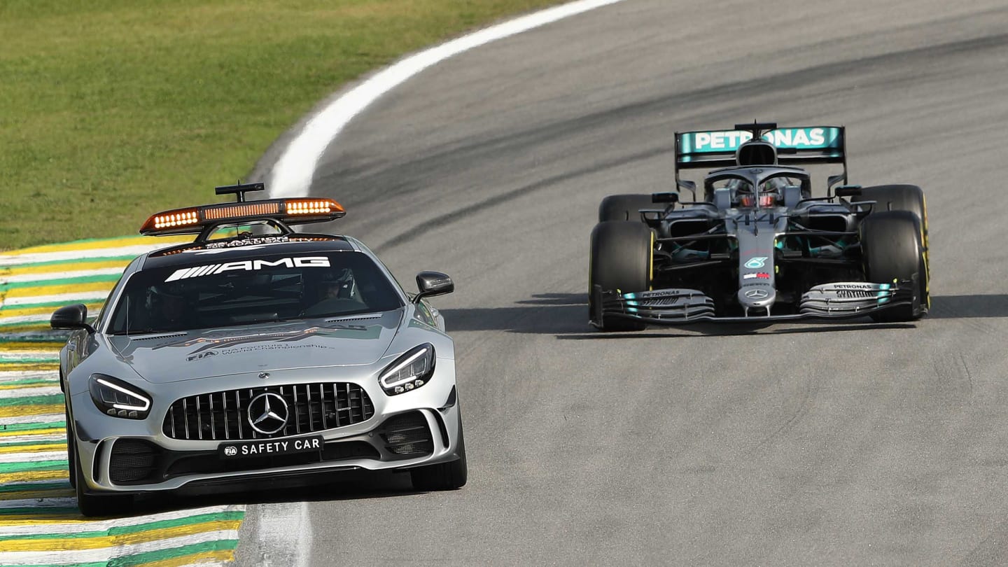 SAO PAULO, BRAZIL - NOVEMBER 17: Lewis Hamilton of Great Britain driving the (44) Mercedes AMG