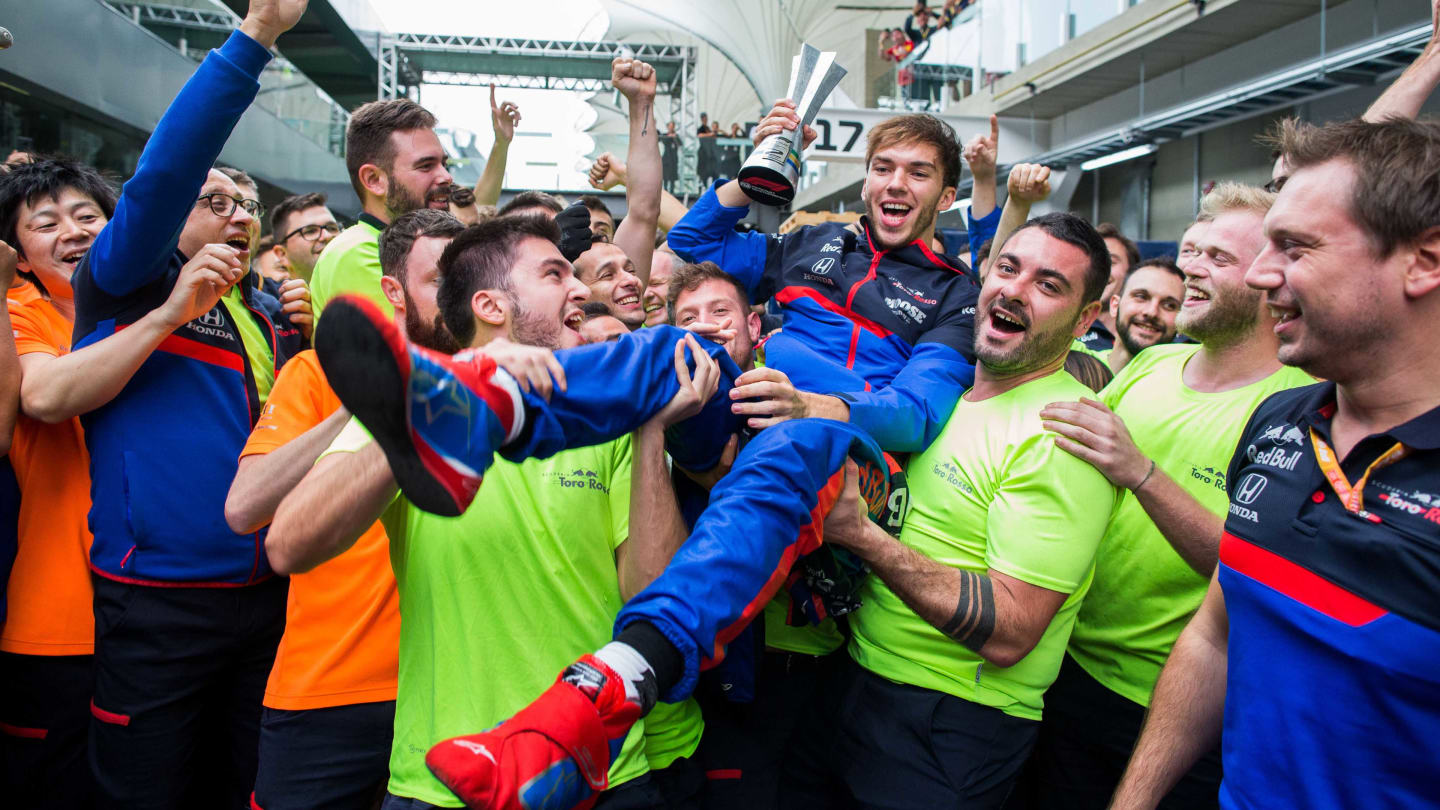 SAO PAULO, BRAZIL - NOVEMBER 17: Pierre Gasly of Scuderia Toro Rosso and France celebrates with the