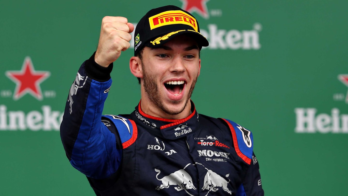 SAO PAULO, BRAZIL - NOVEMBER 17: Second placed Pierre Gasly of France and Scuderia Toro Rosso celebrates on the podium during the F1 Grand Prix of Brazil at Autodromo Jose Carlos Pace on November 17, 2019 in Sao Paulo, Brazil. (Photo by Mark Thompson/Getty Images)