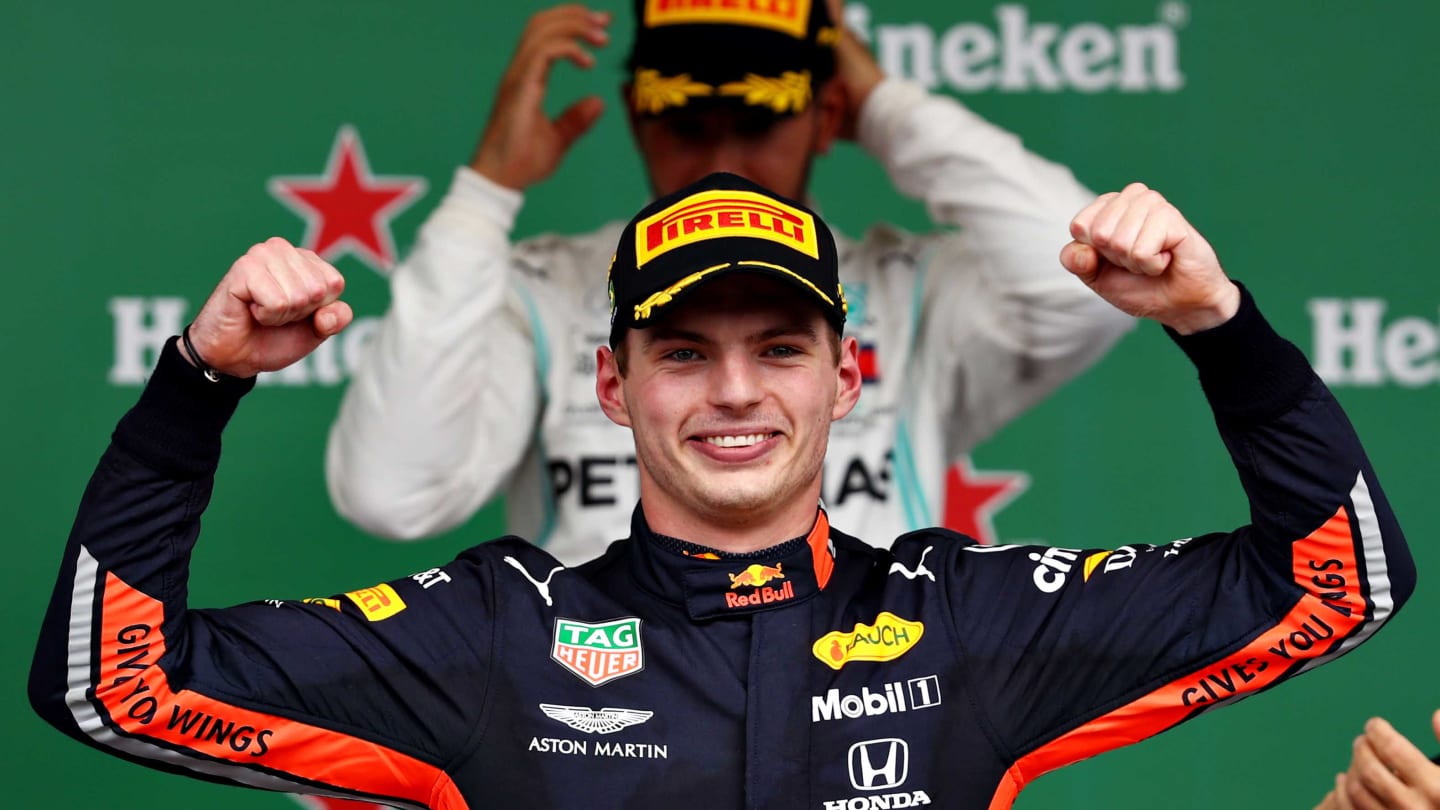 SAO PAULO, BRAZIL - NOVEMBER 17: Race winner Max Verstappen of Netherlands and Red Bull Racing celebrates on the podium during the F1 Grand Prix of Brazil at Autodromo Jose Carlos Pace on November 17, 2019 in Sao Paulo, Brazil. (Photo by Mark Thompson/Getty Images)