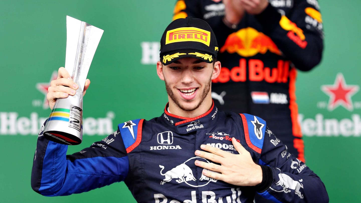 SAO PAULO, BRAZIL - NOVEMBER 17: Second placed Pierre Gasly of France and Scuderia Toro Rosso celebrates on the podium during the F1 Grand Prix of Brazil at Autodromo Jose Carlos Pace on November 17, 2019 in Sao Paulo, Brazil. (Photo by Mark Thompson/Getty Images)