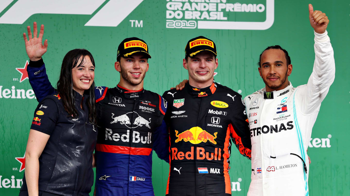 SAO PAULO, BRAZIL - NOVEMBER 17: Top three finishers Max Verstappen of Netherlands and Red Bull