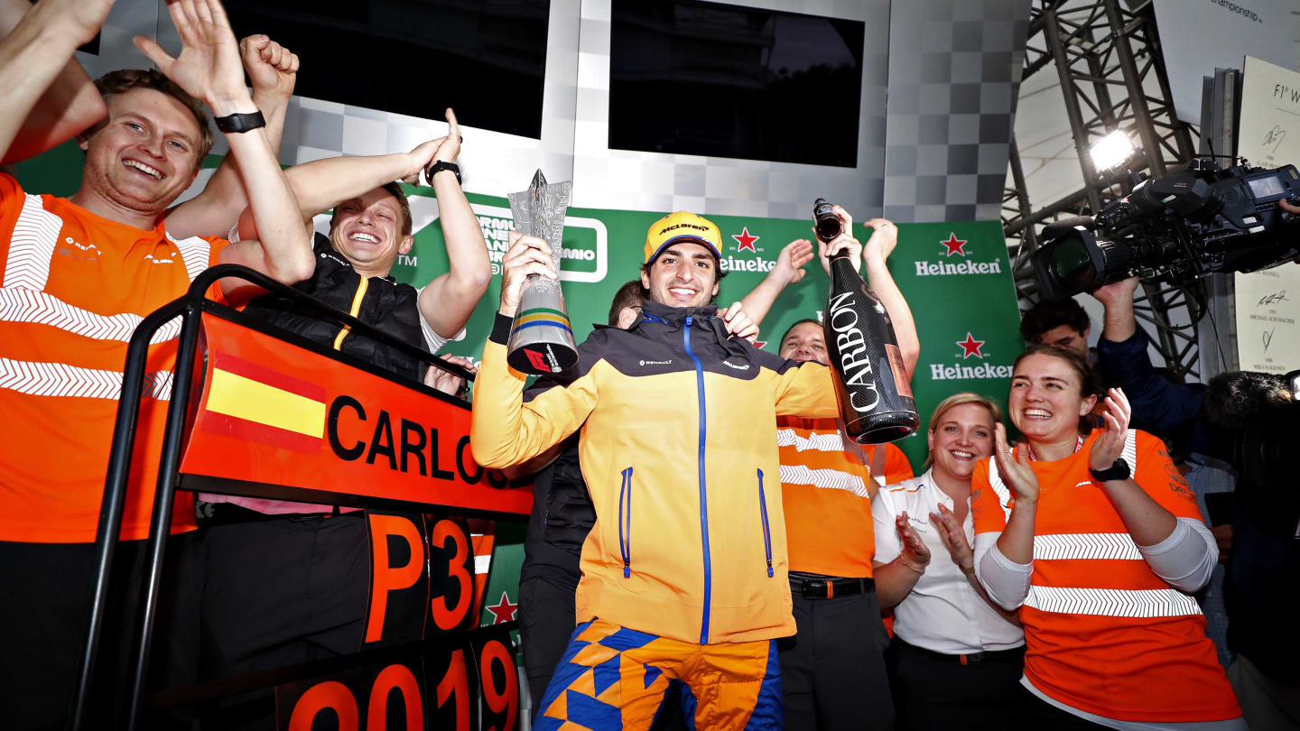SAO PAULO, BRAZIL - NOVEMBER 17: Carlos Sainz of Spain and McLaren F1 celebrates after later being
