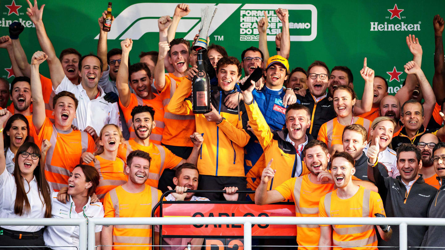 SAO PAULO, BRAZIL - NOVEMBER 17: Carlos Sainz of Spain and McLaren F1 celebrates after later being