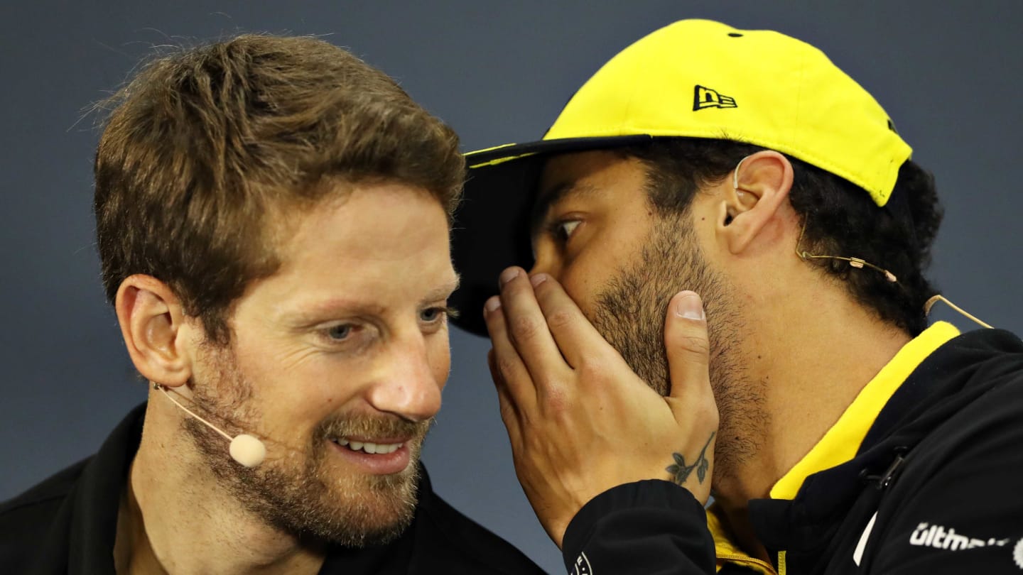 SAO PAULO, BRAZIL - NOVEMBER 14: Daniel Ricciardo of Australia and Renault Sport F1 and Romain Grosjean of France and Haas F1 talk in the Drivers Press Conference during previews ahead of the F1 Grand Prix of Brazil at Autodromo Jose Carlos Pace on November 14, 2019 in Sao Paulo, Brazil. (Photo by Robert Cianflone/Getty Images)