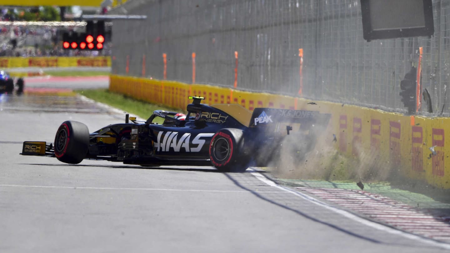 CIRCUIT GILLES-VILLENEUVE, CANADA - JUNE 08: Kevin Magnussen, Haas VF-19 crashes in qualifying during the Canadian GP at Circuit Gilles-Villeneuve on June 08, 2019 in Circuit Gilles-Villeneuve, Canada. (Photo by Simon Galloway / Sutton Images)