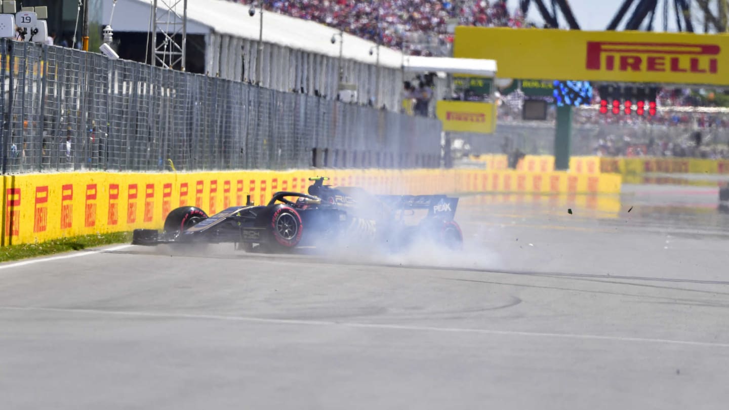 CIRCUIT GILLES-VILLENEUVE, CANADA - JUNE 08: Kevin Magnussen, Haas VF-19 crashes in qualifying during the Canadian GP at Circuit Gilles-Villeneuve on June 08, 2019 in Circuit Gilles-Villeneuve, Canada. (Photo by Simon Galloway / Sutton Images)