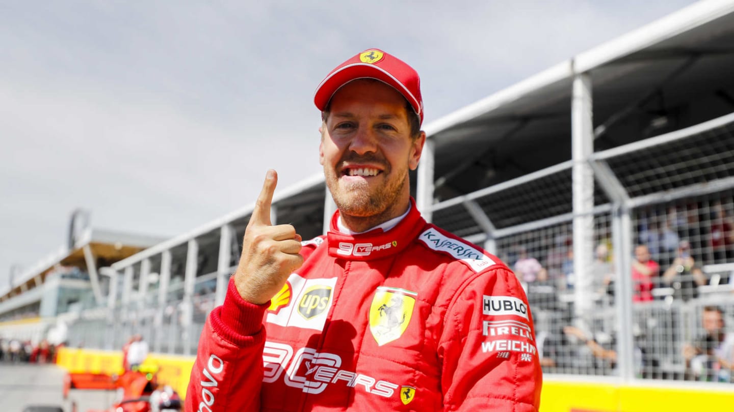 CIRCUIT GILLES-VILLENEUVE, CANADA - JUNE 08: Sebastian Vettel, Ferrari celebrates taking pole