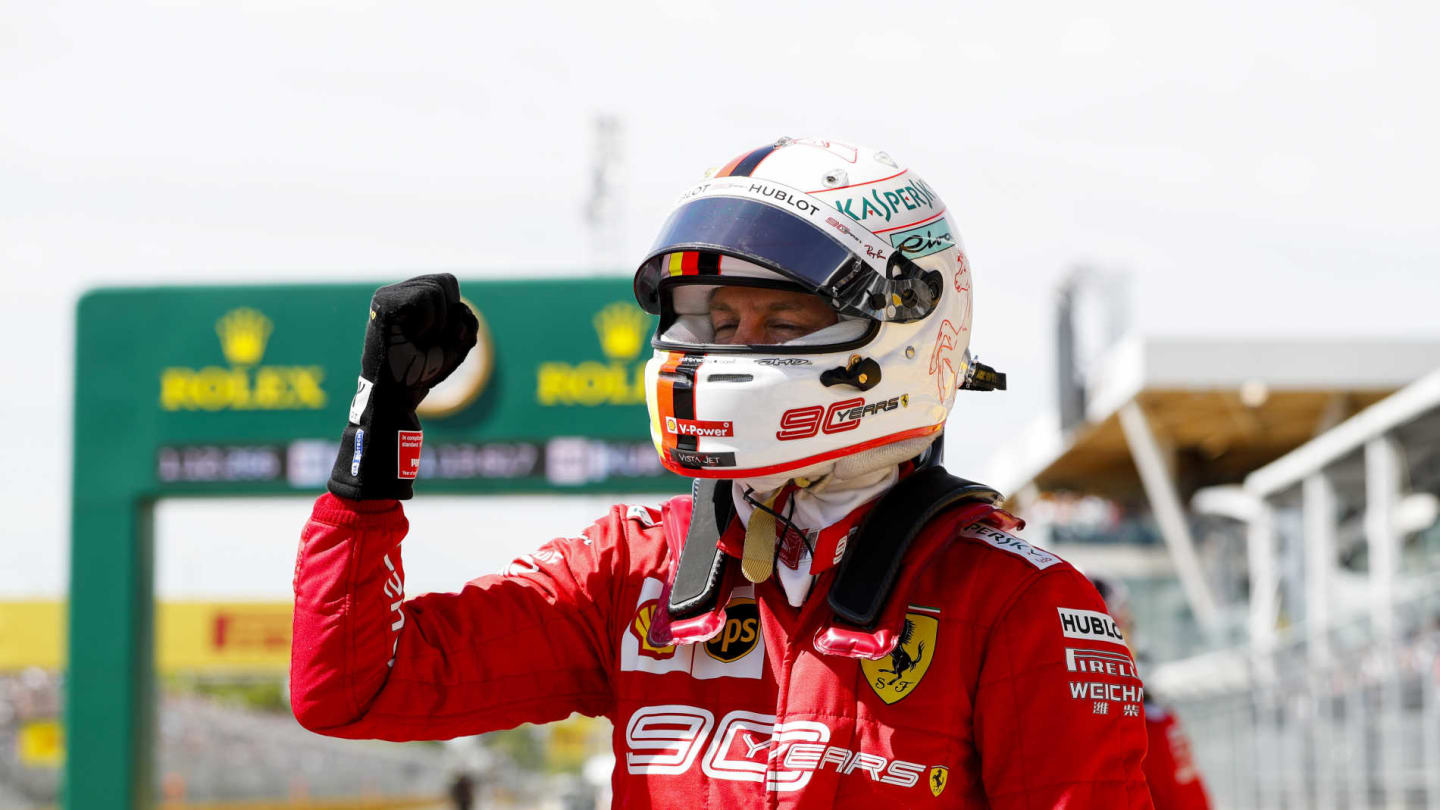 CIRCUIT GILLES-VILLENEUVE, CANADA - JUNE 08: Pole man Sebastian Vettel, Ferrari, celebrates during