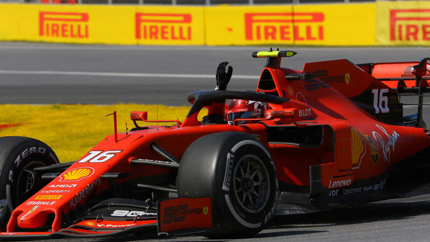 CIRCUIT GILLES-VILLENEUVE, CANADA - JUNE 09: Charles Leclerc, Ferrari SF90, 3rd position, celebrates on his way to Parc Ferme during the Canadian GP at Circuit Gilles-Villeneuve on June 09, 2019 in Circuit Gilles-Villeneuve, Canada. (Photo by Patrick Vinet / Sutton Images)