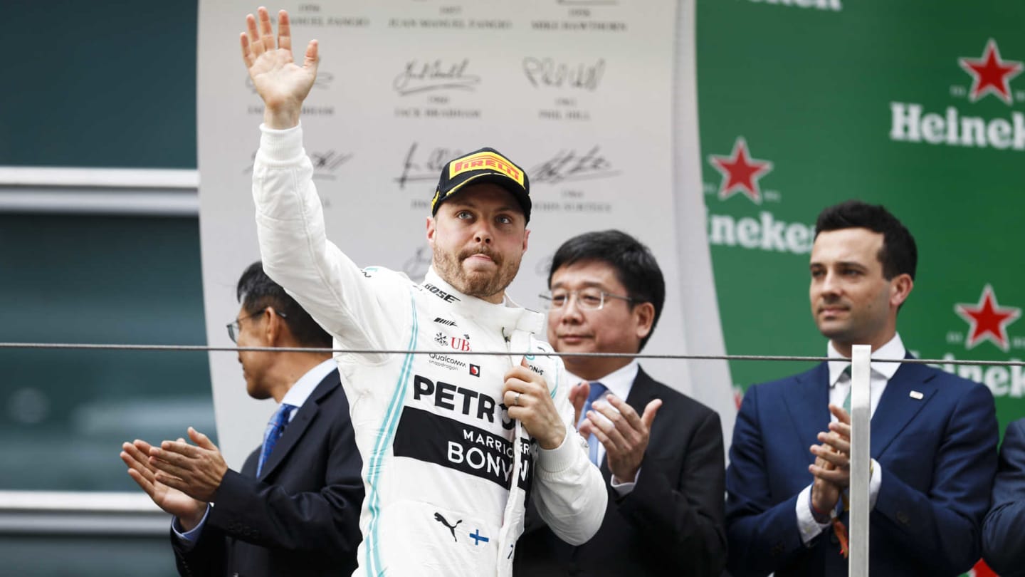 SHANGHAI INTERNATIONAL CIRCUIT, CHINA - APRIL 14: Valtteri Bottas, Mercedes AMG F1 celebrates on