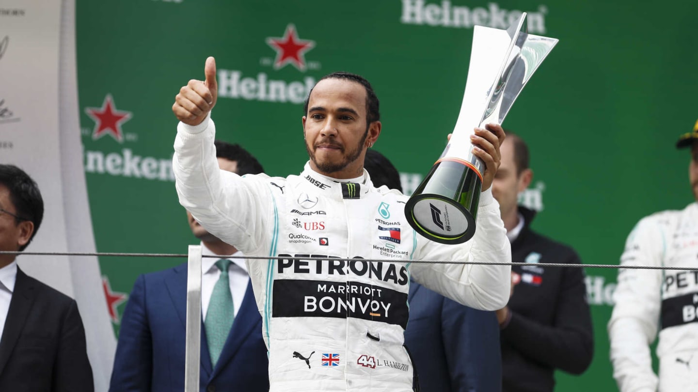 SHANGHAI INTERNATIONAL CIRCUIT, CHINA - APRIL 14: Lewis Hamilton, Mercedes AMG F1 celebrates on the