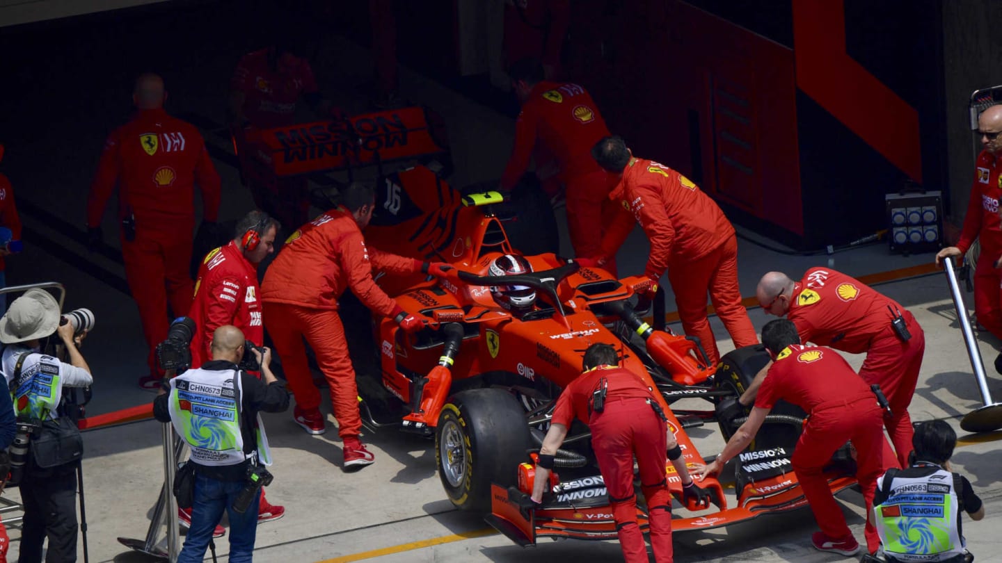 SHANGHAI INTERNATIONAL CIRCUIT, CHINA - APRIL 12: Charles Leclerc, Ferrari SF90, is returned to the garage during the Chinese GP at Shanghai International Circuit on April 12, 2019 in Shanghai International Circuit, China. (Photo by Jerry Andre / Sutton Images)