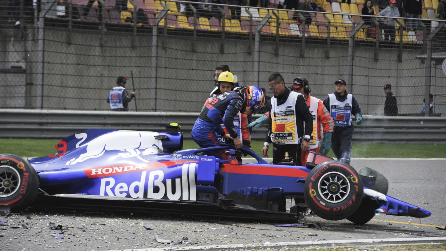 SHANGHAI INTERNATIONAL CIRCUIT, CHINA - APRIL 12: Aftermath of Alexander Albon, Toro Rosso STR14