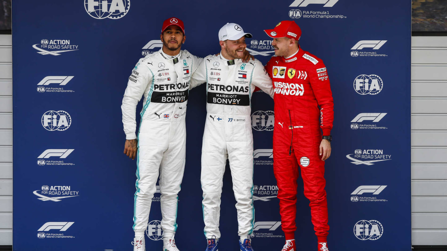 SHANGHAI INTERNATIONAL CIRCUIT, CHINA - APRIL 13: Top three Qualifiers Lewis Hamilton, Mercedes AMG