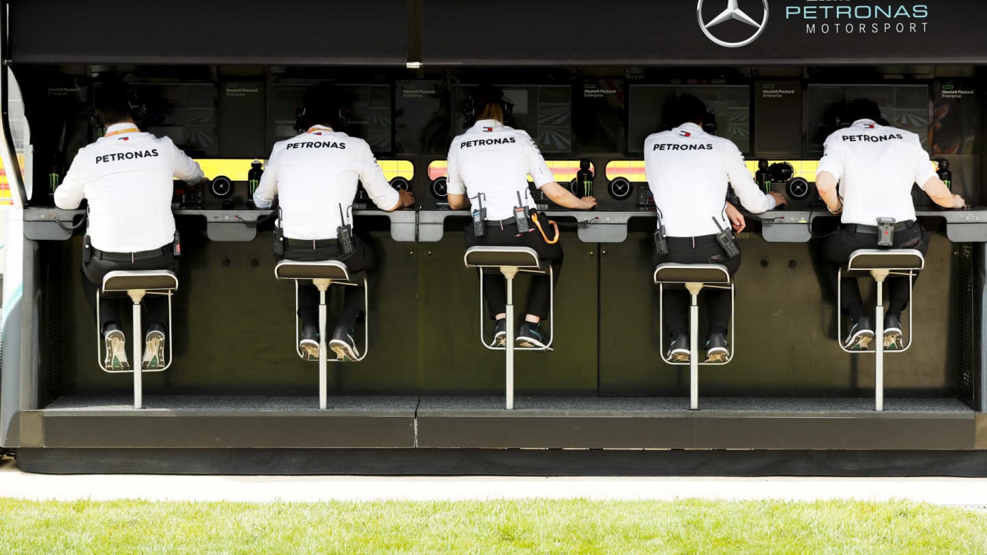 CIRCUIT PAUL RICARD, FRANCE - JUNE 21: The Mercedes team on the pit wall during the French GP at