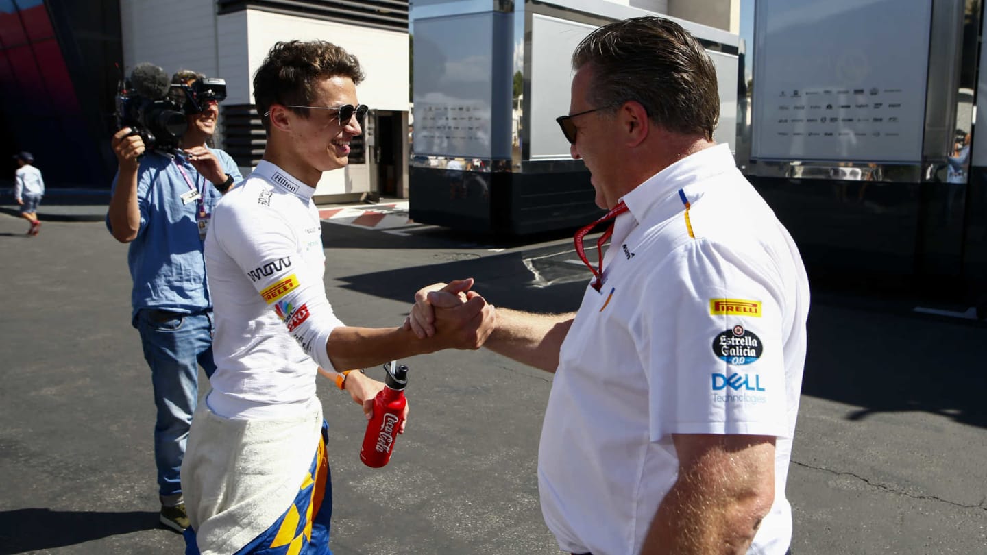 CIRCUIT PAUL RICARD, FRANCE - JUNE 22: Lando Norris, McLaren, is congratulated on a job well done in Qualifying by Zak Brown, Executive Director, McLaren during the French GP at Circuit Paul Ricard on June 22, 2019 in Circuit Paul Ricard, France. (Photo by Andy Hone / LAT Images)