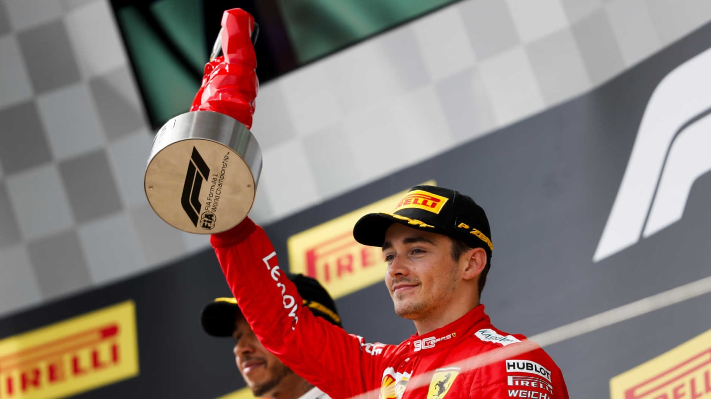CIRCUIT PAUL RICARD, FRANCE - JUNE 23: Charles Leclerc, Ferrari celebrates on the podium with the