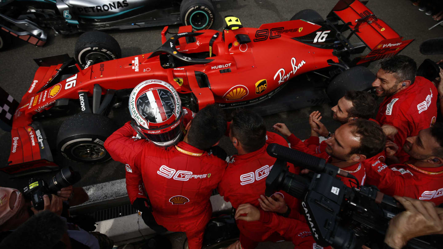 CIRCUIT PAUL RICARD, FRANCE - JUNE 23: Charles Leclerc, Ferrari, 3rd position, celebrates with his team in Parc Ferme during the French GP at Circuit Paul Ricard on June 23, 2019 in Circuit Paul Ricard, France. (Photo by Zak Mauger / LAT Images)