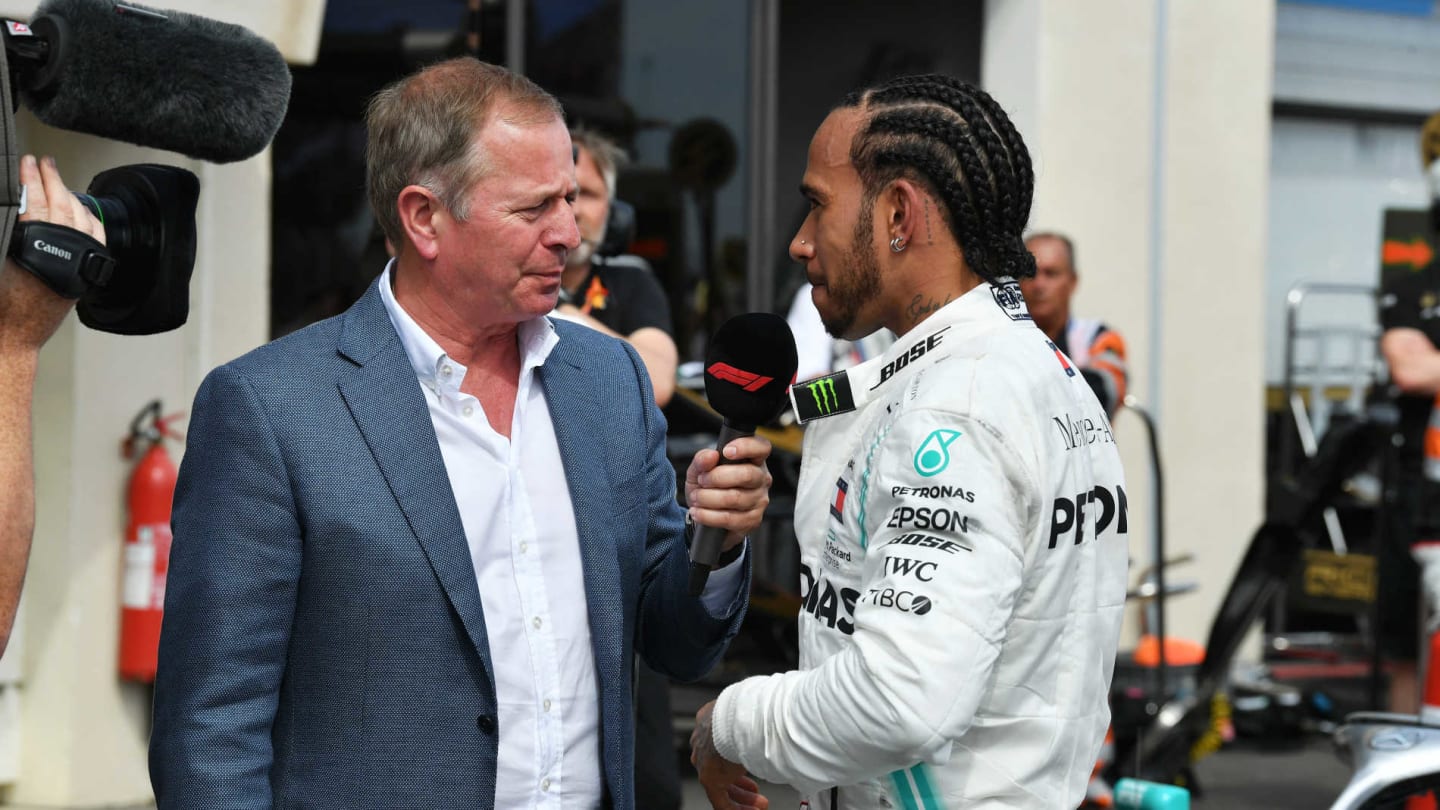 CIRCUIT PAUL RICARD, FRANCE - JUNE 23: Martin Brundle, Sky Sports F1, interviews Lewis Hamilton, Mercedes AMG F1, 1st position, after the race during the French GP at Circuit Paul Ricard on June 23, 2019 in Circuit Paul Ricard, France. (Photo by Mark Sutton / Sutton Images)