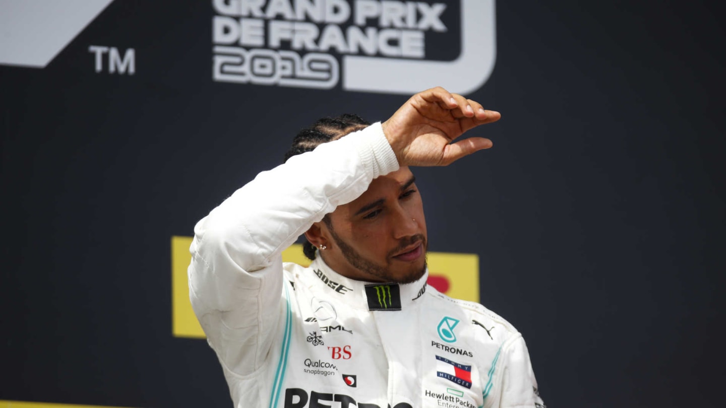 CIRCUIT PAUL RICARD, FRANCE - JUNE 23: Lewis Hamilton, Mercedes AMG F1, 1st position, on the podium during the French GP at Circuit Paul Ricard on June 23, 2019 in Circuit Paul Ricard, France. (Photo by Joe Portlock / LAT Images)