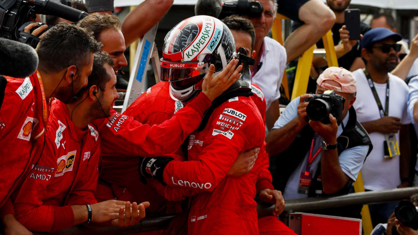 CIRCUIT PAUL RICARD, FRANCE - JUNE 23: Charles Leclerc, Ferrari, 3rd position, celebrates with his team in Parc Ferme during the French GP at Circuit Paul Ricard on June 23, 2019 in Circuit Paul Ricard, France. (Photo by Glenn Dunbar / LAT Images)