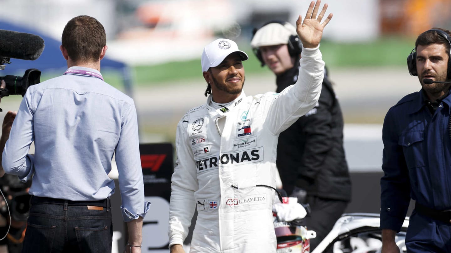 HOCKENHEIMRING, GERMANY - JULY 27: Pole Sitter Lewis Hamilton, Mercedes AMG F1 celebrates in Parc