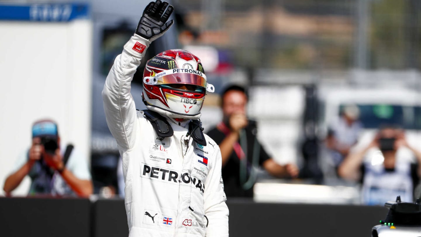 HOCKENHEIMRING, GERMANY - JULY 27: Pole Sitter Lewis Hamilton, Mercedes AMG F1 celebrates in Parc Ferme during the German GP at Hockenheimring on July 27, 2019 in Hockenheimring, Germany. (Photo by Sam Bloxham / LAT Images)