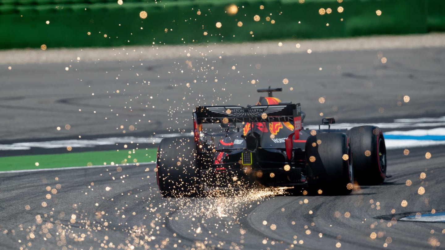 HOCKENHEIMRING, GERMANY - JULY 27: Sparks fly from the car of Max Verstappen, Red Bull Racing RB15