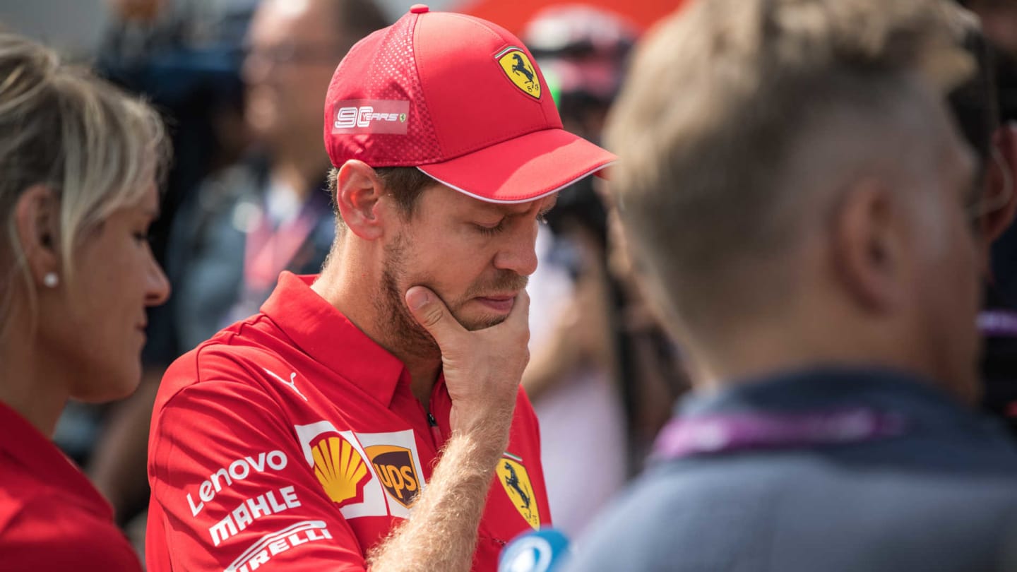 HOCKENHEIMRING, GERMANY - JULY 27: Sebastian Vettel, Ferrari, is interviewed after Qualifying during the German GP at Hockenheimring on July 27, 2019 in Hockenheimring, Germany. (Photo by Jerry Andre / LAT Images)