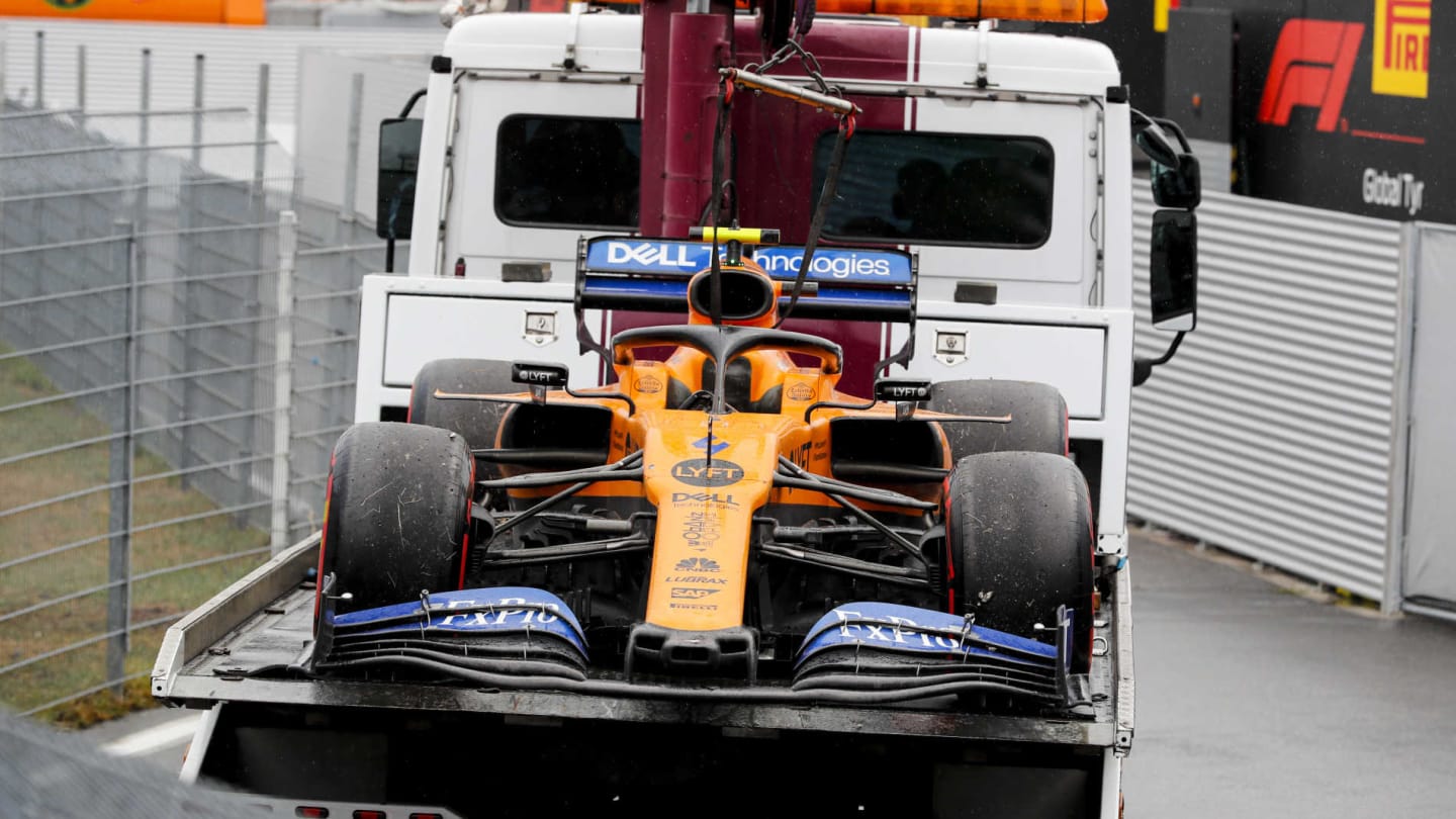 HOCKENHEIMRING, GERMANY - JULY 28: Car of Lando Norris, McLaren MCL34 on the back of a low loader during the German GP at Hockenheimring on July 28, 2019 in Hockenheimring, Germany. (Photo by Steven Tee / LAT Images)