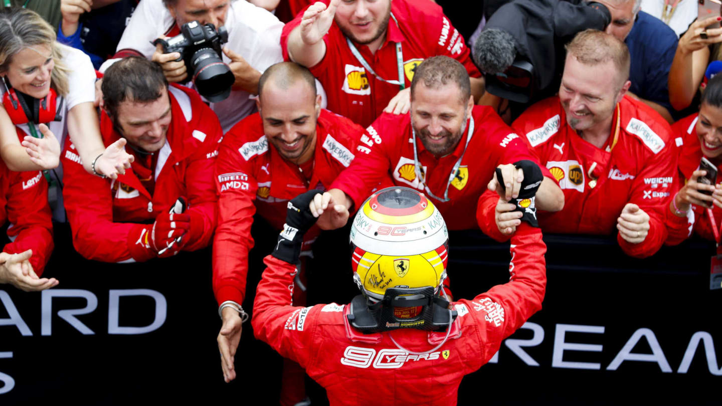 HOCKENHEIMRING, GERMANY - JULY 28: Sebastian Vettel, Ferrari celebrates with his team during the