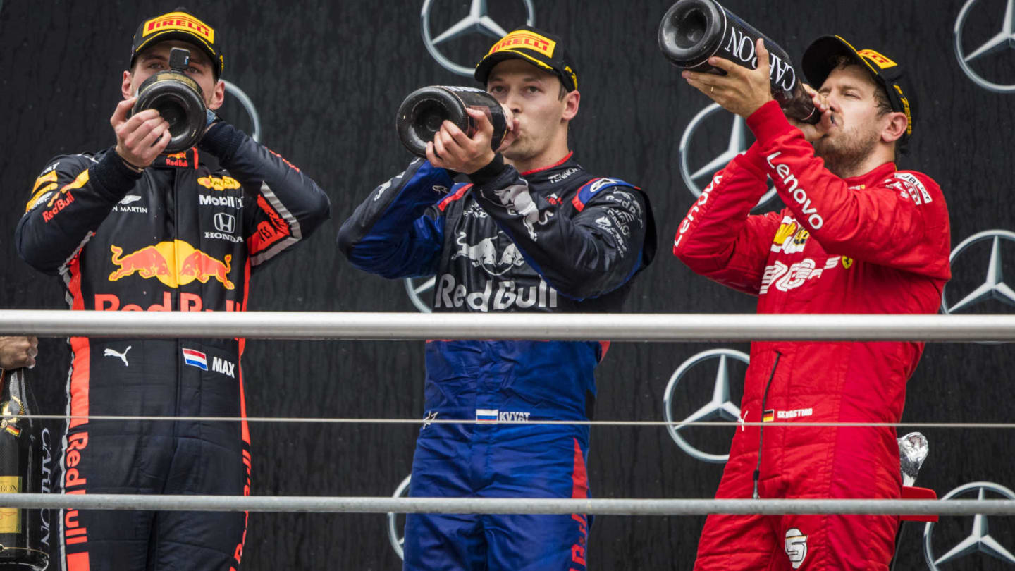 HOCKENHEIMRING, GERMANY - JULY 28: Race winner Max Verstappen, Red Bull Racing, Daniil Kvyat, Toro
