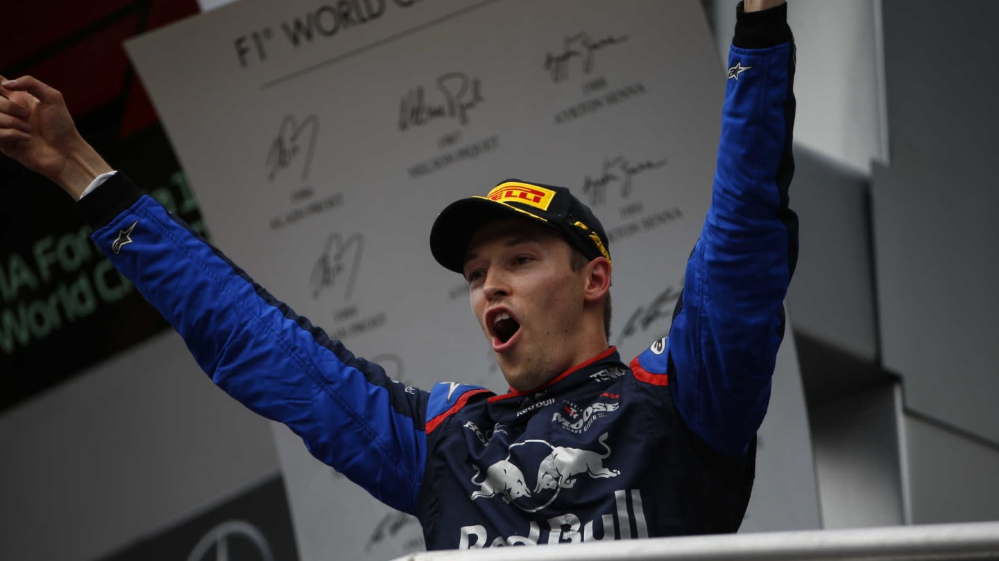 HOCKENHEIMRING, GERMANY - JULY 28: Daniil Kvyat, Toro Rosso, 3rd position, celebrates on the podium